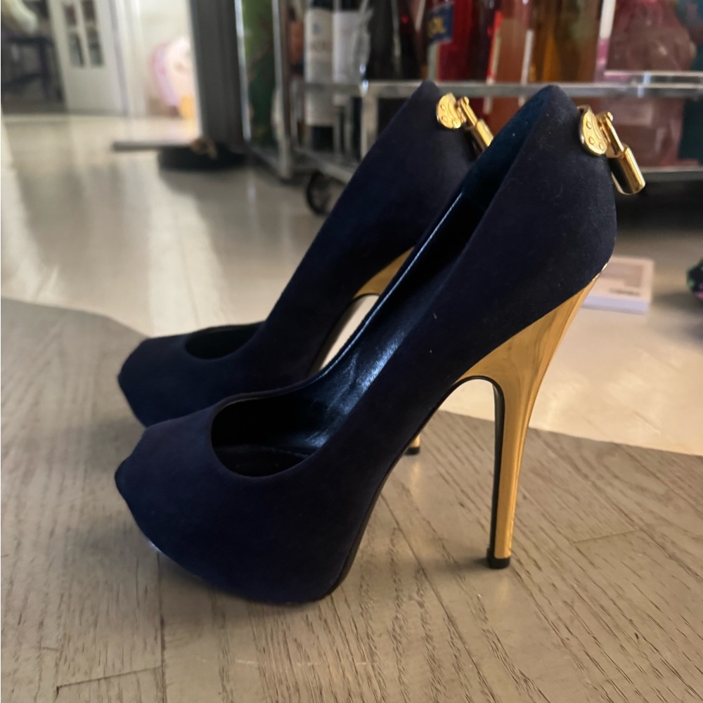 Louis Vuitton Navy Blue Suede Oh Really! Platform Peep Toe Pumps Size 36.5